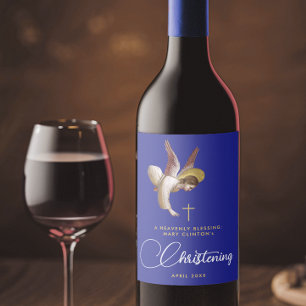 Stylish Blue Angel Blessings Baptism Christening Wine Label