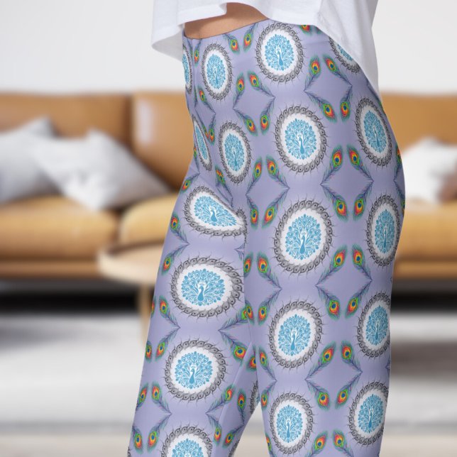 Stylish Blue Bell Peacock Feathers Pattern Leggings (Peacock over Blue Bell with Feathers Leggings)