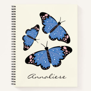 Stylish Blue Butterfly Illustration Custom Name Notebook