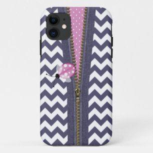 Stylish Blue Chevron With Zipper & Pink Ladybug iPhone 11 Case