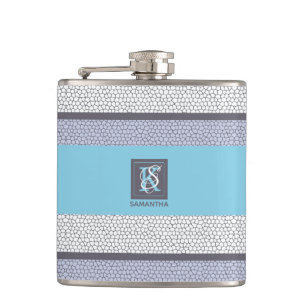 Stylish Blue Colour White Mosaic Monogrammed Hip Flask