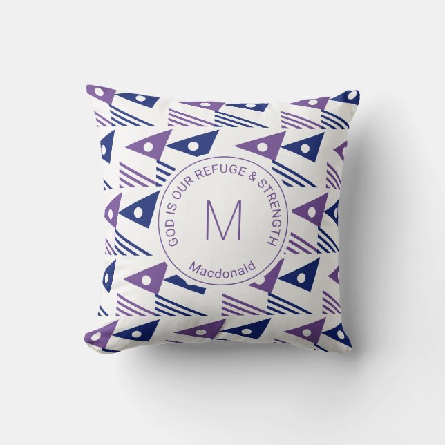 Stylish Blue Custom Geometric Triangles Monogram Throw Pillow (Front)