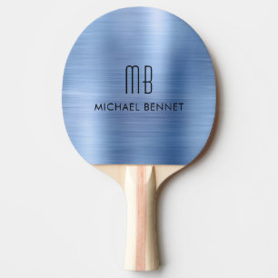 Stylish Blue Faux Brushed Metallic Monogram Name Ping Pong Paddle