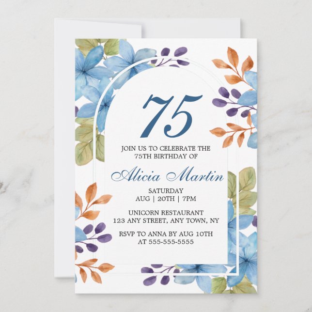 Stylish Blue Flora Greenery Any Age Birthday Invitation (Front)