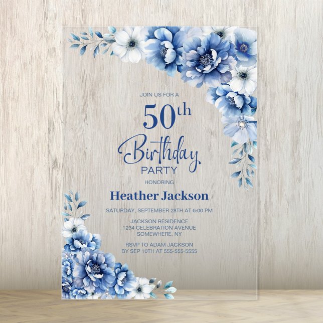 Stylish Blue Floral 50th Birthday Party Acrylic Invitations (Creator Uploaded)