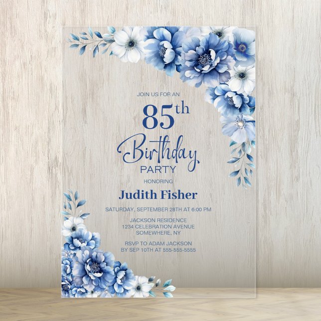 Stylish Blue Floral 85th Birthday Party Acrylic Invitations (Creator Uploaded)