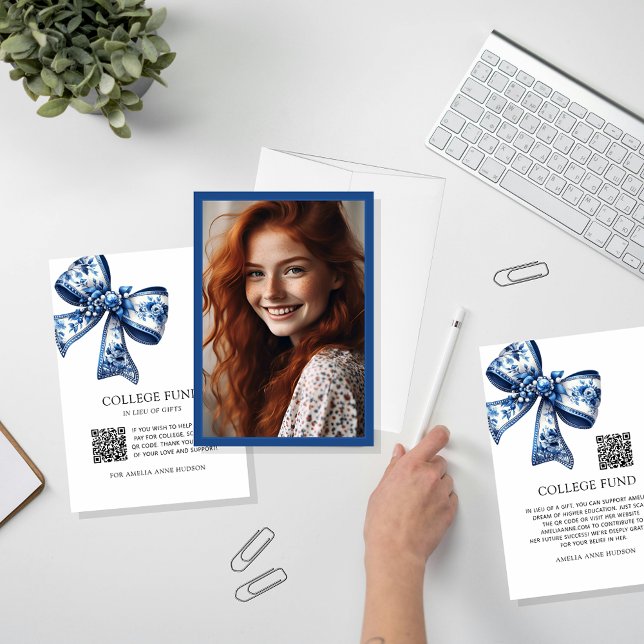 Stylish Blue Floral Bow QR Code College Fund Enclosure Card (Creator Uploaded)