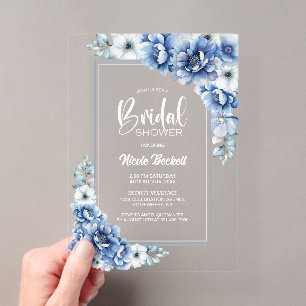 Stylish Blue Floral Bridal Shower Acrylic Invitations