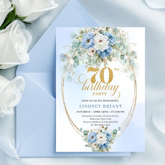 Stylish Blue Floral Eucalyptus 70th Birthday Invit Invitation (Stylish Blue Floral Eucalyptus 70th Birthday Invites

)