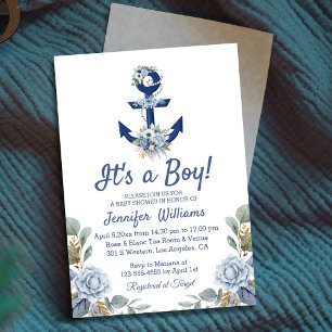 stylish blue floral nautical boy baby shower  invitation