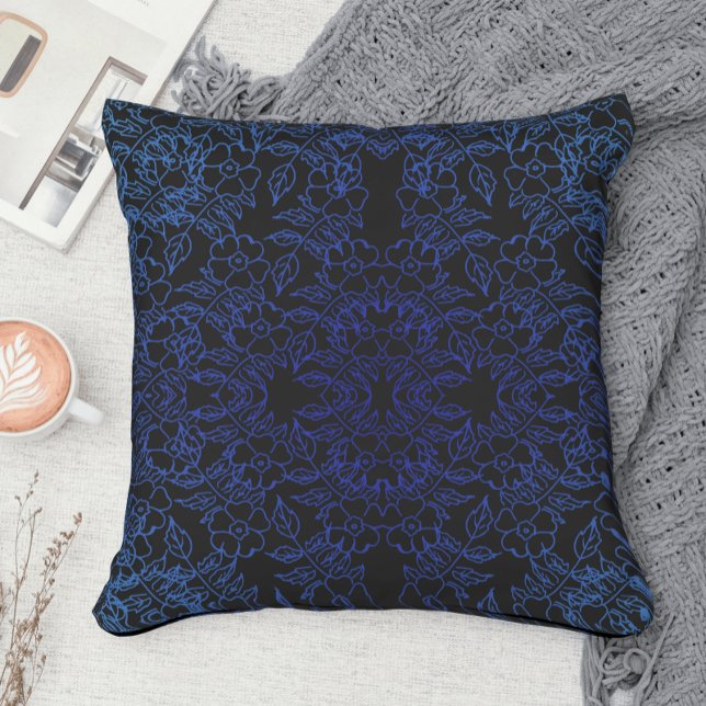 Stylish blue floral pattern on black throw pillow (Creator Uploaded)