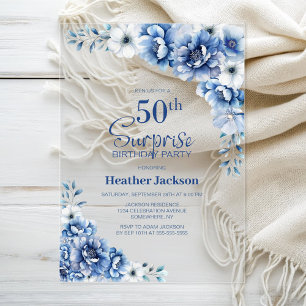 Stylish Blue Floral Surprise 50th Birthday Party Acrylic Invitations