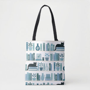 Stylish Blue Folk Art Books & Cat lovers Tote Bag