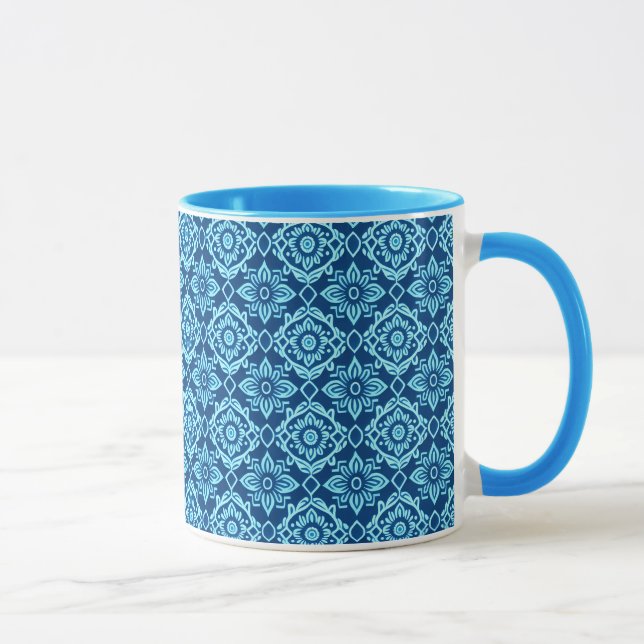 Stylish Blue Geometric Floral Pattern Mug (Right)