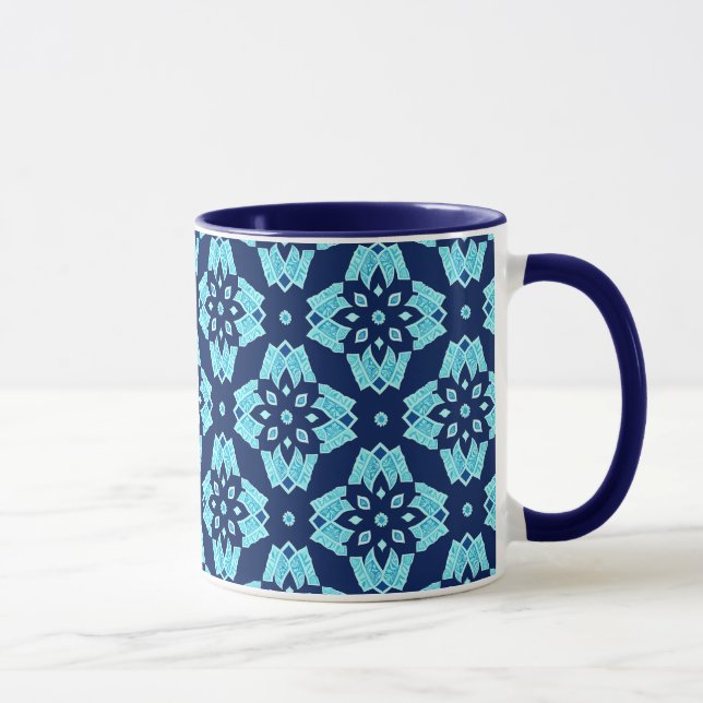 Stylish Blue Geometric Floral Pattern Mug (Right)