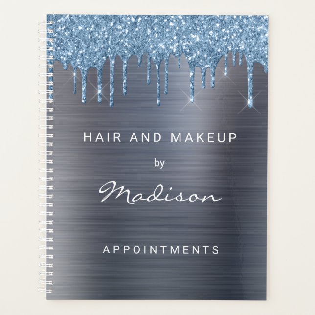 Stylish Blue Glitter Drip Silver Appointment Planner (Front)