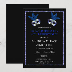 Stylish Blue Glitter Masquerade 40th Birthday Invitation