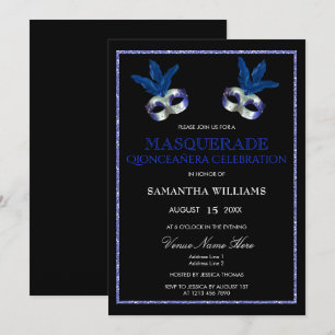 Stylish Blue Glitter Masquerade Quinceañera Invitation
