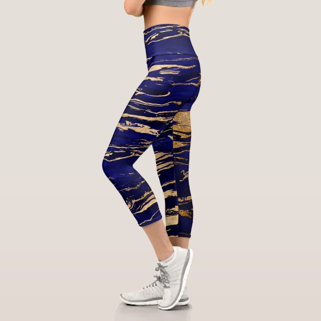 Stylish Blue Gold Abstract Marble Capri Leggings (Left)