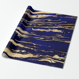 Stylish Blue & Gold Abstract Marbleized Paint Wrapping Paper
