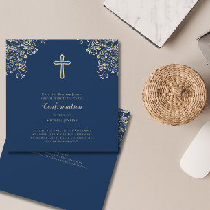 Stylish Blue Gold Cross Bible Verse  Confirmation Invitation