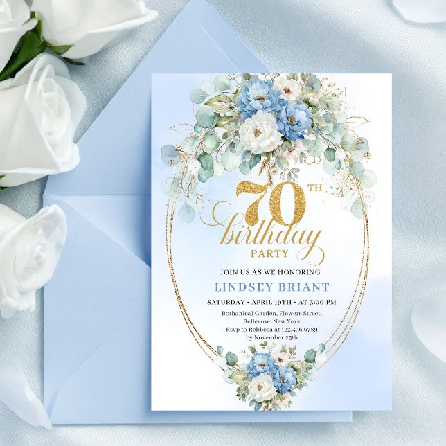 Stylish Blue Gold Floral 70th Birthday Invitation  (Stylish Blue Gold Floral 70th Birthday Invitation Card

)