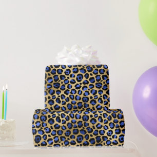 Stylish Blue & Gold Foil Leopard Spots Safari Wrapping Paper