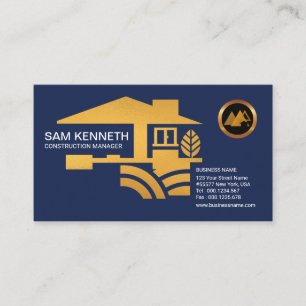 Stylish Blue Gold Home Building Contractor Business Card
