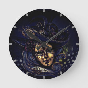 Stylish Blue Gold Venetian Carnival Mask Round Clock