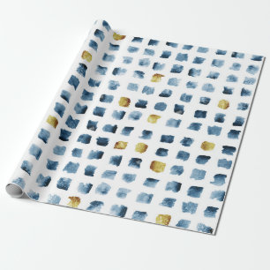 Stylish Blue Gold Watercolor Brush Squares Pattern Wrapping Paper