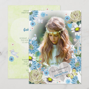 Stylish Blue & green First Holy Communion Floral Invitation