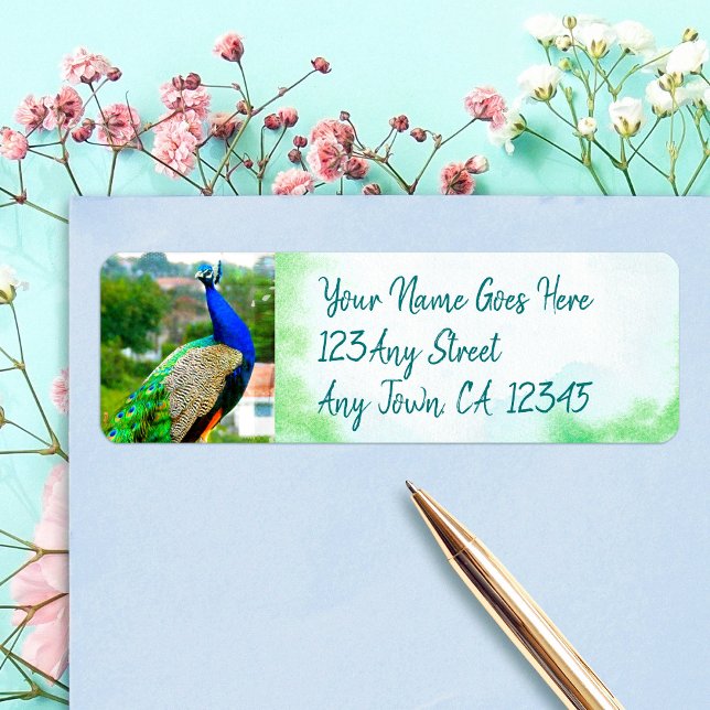 Stylish blue green peacock photo custom address (Creator Uploaded)
