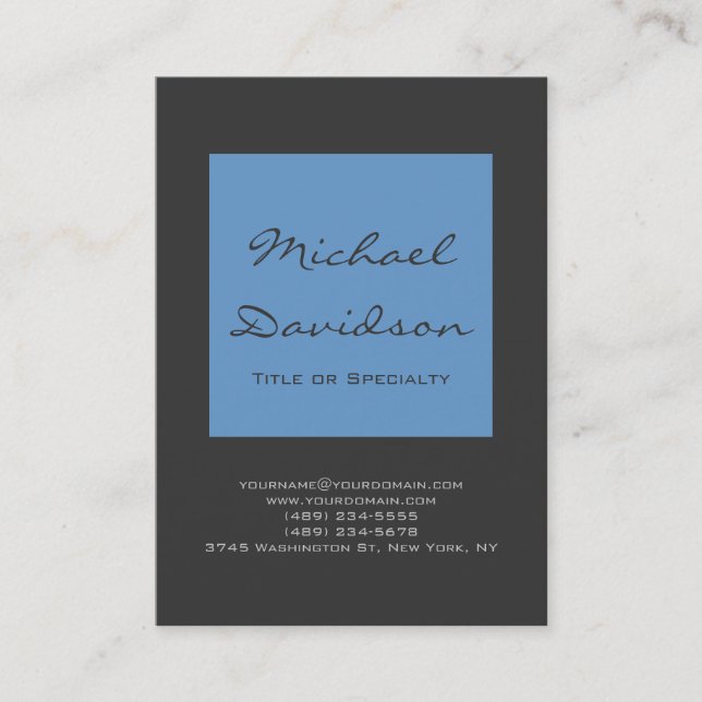 Stylish Blue Grey Script Business Card (Front)