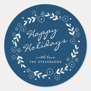 Stylish Blue Happy Holidays Floral Simple Custom Classic Round Sticker