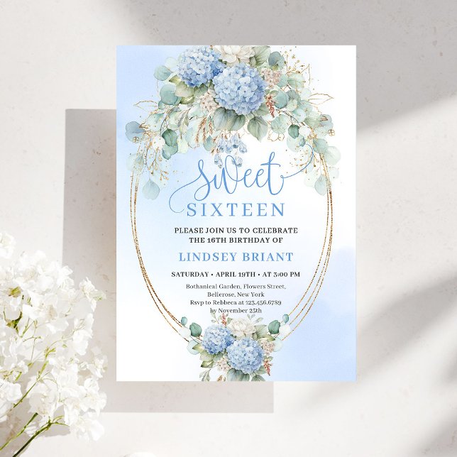Stylish Blue Hydrangeas Sweet Sixteen Celebration  Invitation (Stylish Blue Hydrangeas Sweet Sixteen Celebration Invite)