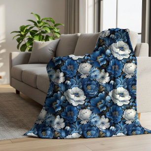 Stylish Blue Ivory Floral Plush Cozy Fleece Sherpa Blanket
