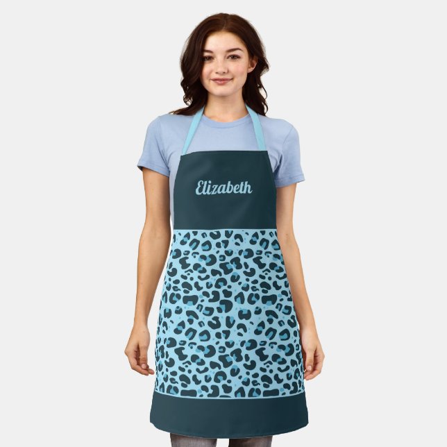 Stylish blue leopard print trendy girly with name apron (Worn)