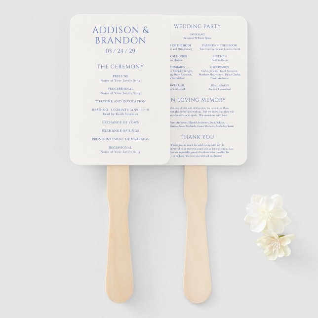 Stylish Blue Modern Wedding Program Hand Fan (Front and Back)