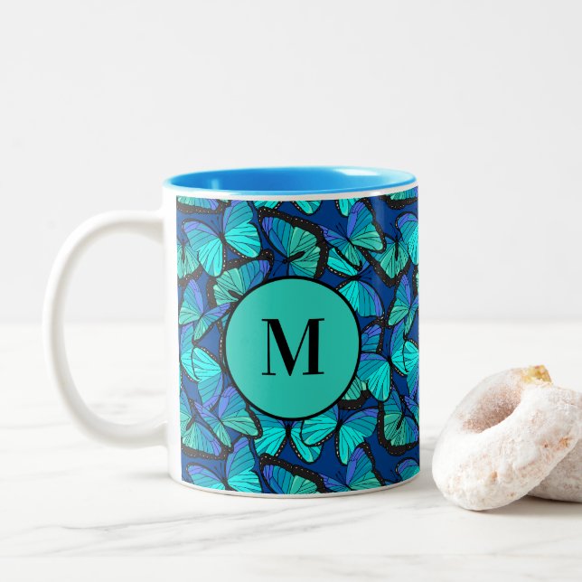 Stylish Blue Morpho Butterfly Pattern Monogrammed Two-Tone Coffee Mug (With Donut)
