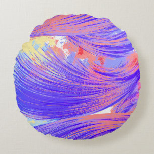Stylish blue pink Abstract Feathers Round Pillow