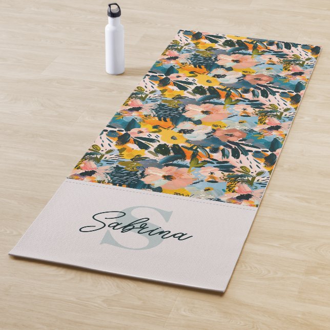 Stylish Blue & Pink Abstract Floral Name Monogram Yoga Mat (In Situ)