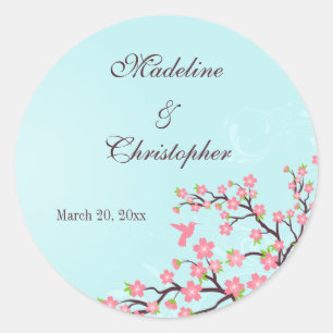 Stylish blue pink cherry blossoms wedding stickers