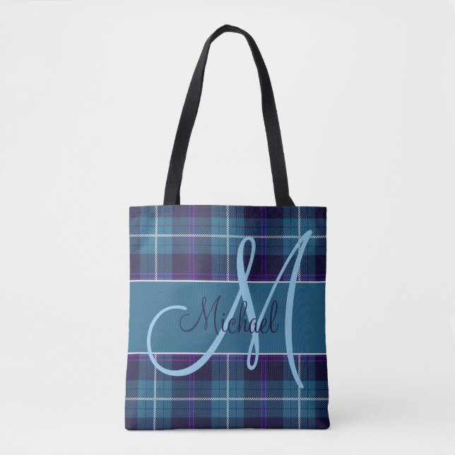 Stylish Blue Plaid Tartan Modern Personalized Name Tote Bag (Front)