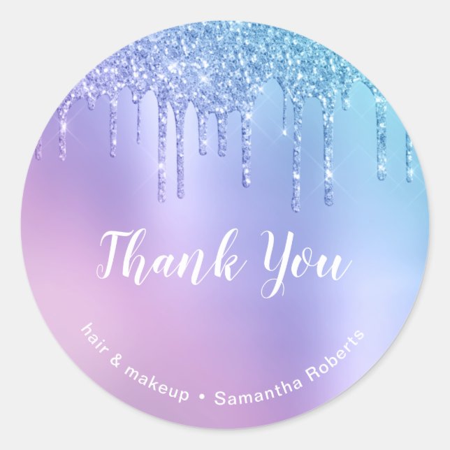 Stylish blue & purple glitter drips hair & makeup classic round sticker (Front)