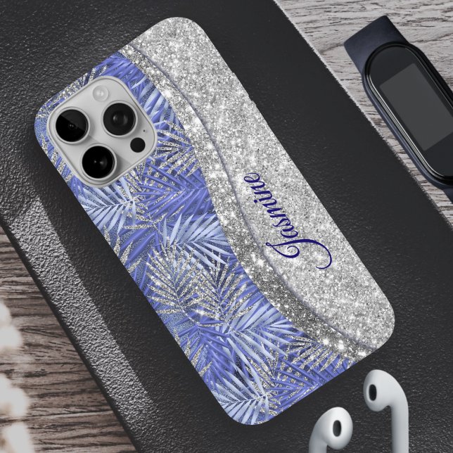 stylish blue purple silver glitter leaves monogram Case-Mate iPhone case (Creator Uploaded)