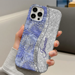 stylish blue purple silver glitter leaves monogram iPhone 13 case