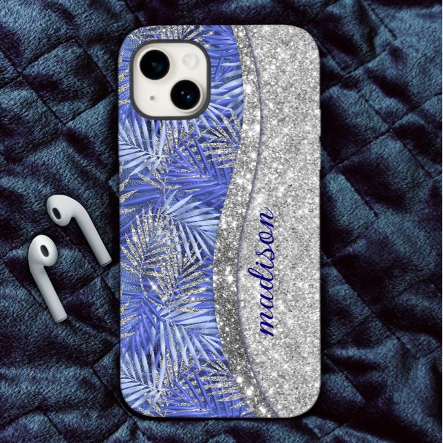 stylish blue purple silver glitter leaves monogram Case-Mate iPhone case (Creator Uploaded)
