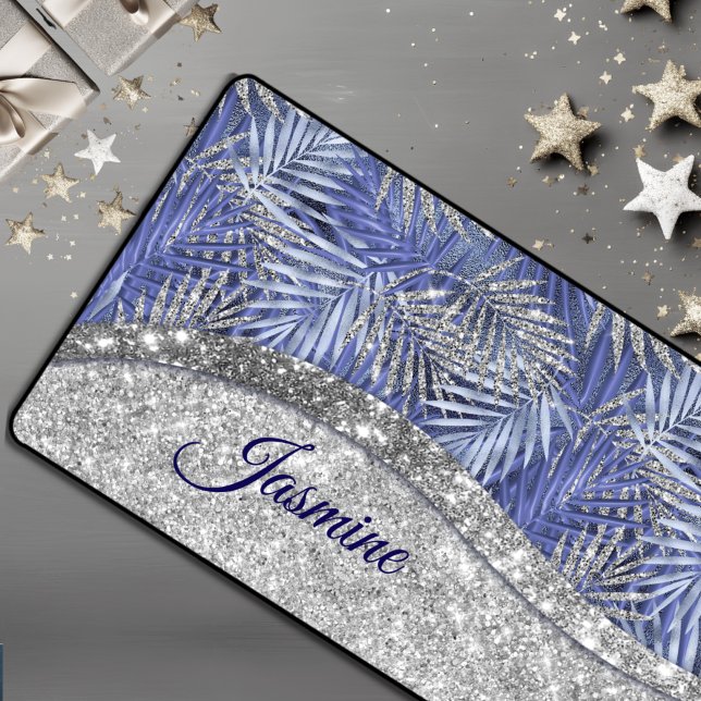 stylish blue purple silver glitter leaves monogram desk mat (Creator Uploaded)