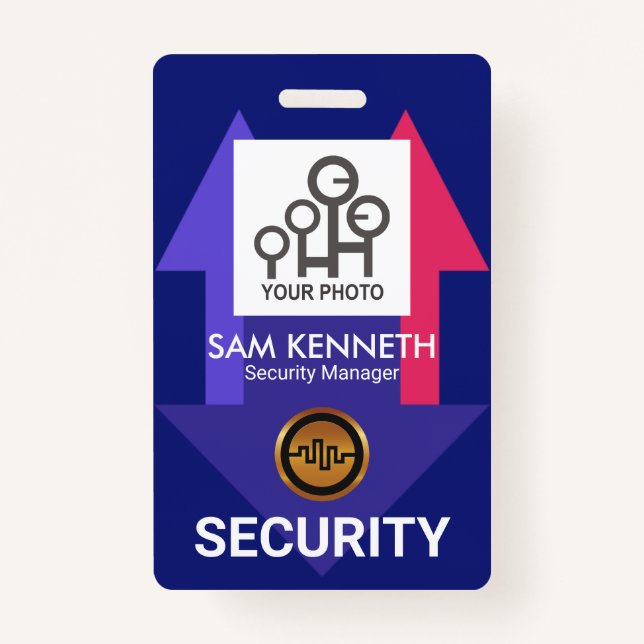 Stylish Blue Red Arrows Security Photo Template Badge (Front)