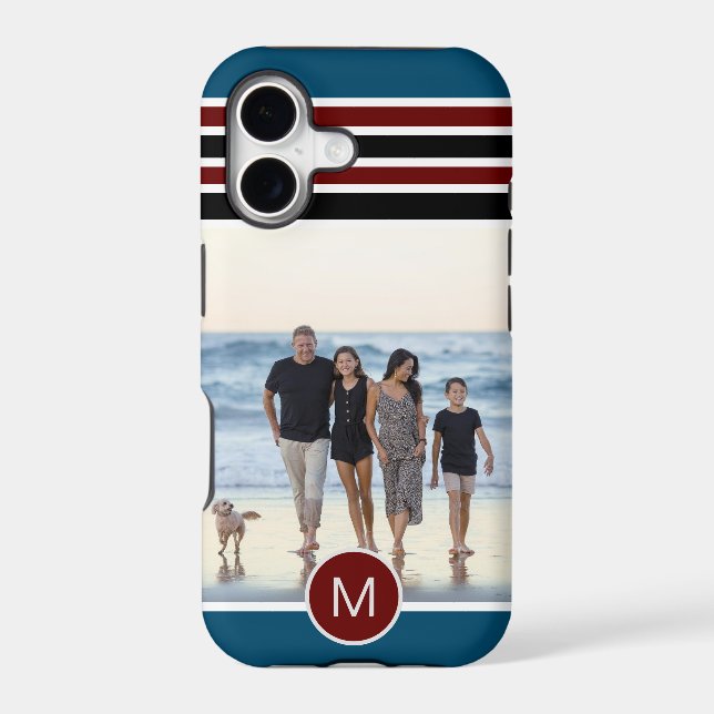 Stylish Blue Red Striped Monogram Custom Photo (Back)